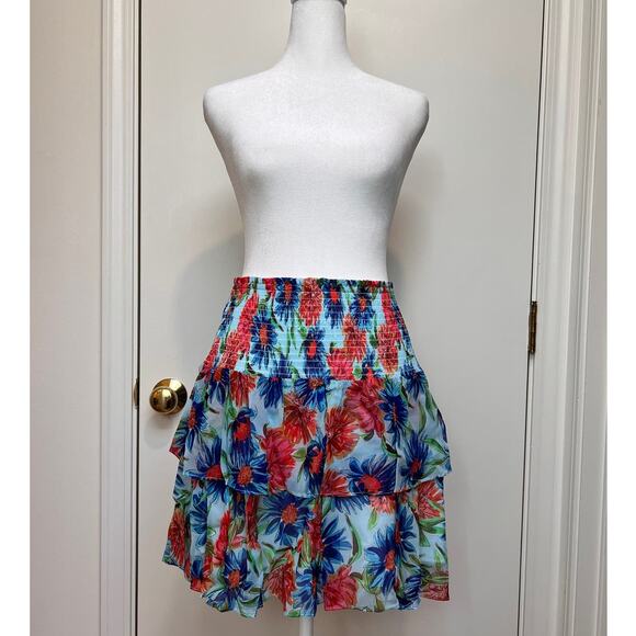 MILLY Wyatt Paint Dalia Print Elastic Waist Pull OnSkirt Blue Red Smocking Sz 8 - Picture 2 of 7
